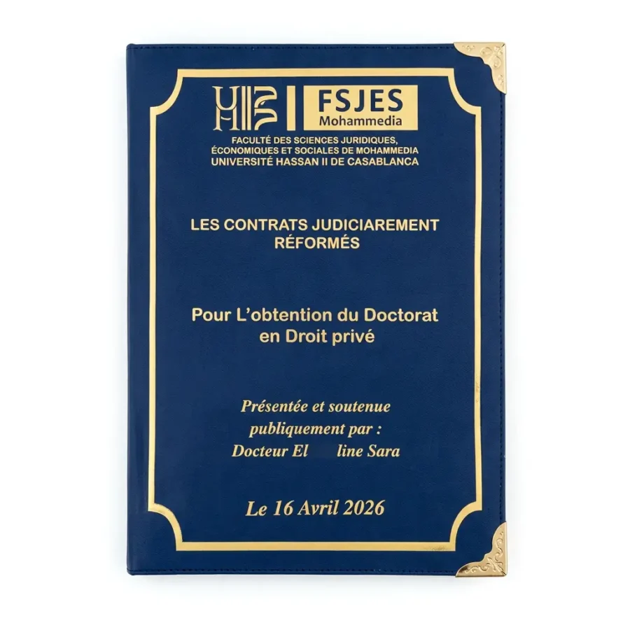 Couverture thèse en cuir bleu - Reliure professionnelle haut de gamme pour mémoire et doctorat au Maroc